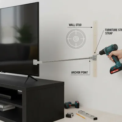 A TV stand being anchored to a wall with a metal furniture strap, highlighting the studs behind the wall