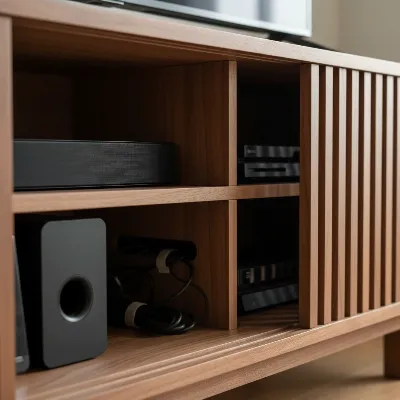 Close-up of Castlery Luka TV Stand showing slatted doors and interior storage