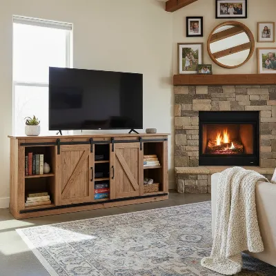 A classic rustic farmhouse TV console with sliding barn doors, made of distressed solid wood, featuring open and closed storage, in a cozy living room setting. The alt-text mentions its key features for SEO and accessibility.