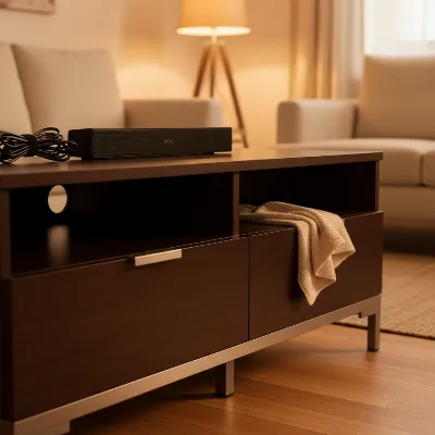 Clean wood and metal TV stand with organized cables