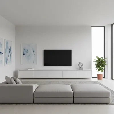 A modern living room with a closed cabinet TV stand, showing a sleek, uncluttered surface, emphasizing hidden storage and a tidy aesthetic.