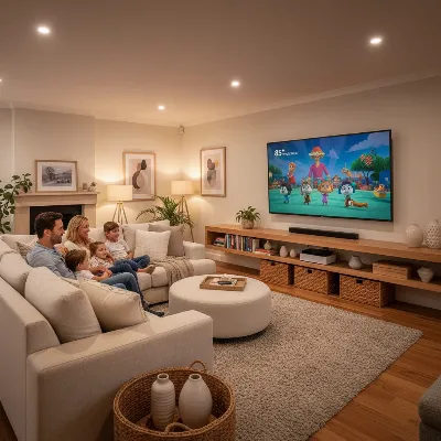 A family comfortably watching an 85-inch TV in a living room, with the TV positioned at the ideal eye-level height on an extra long media console, demonstrating good viewing ergonomics and a relaxed atmosphere.