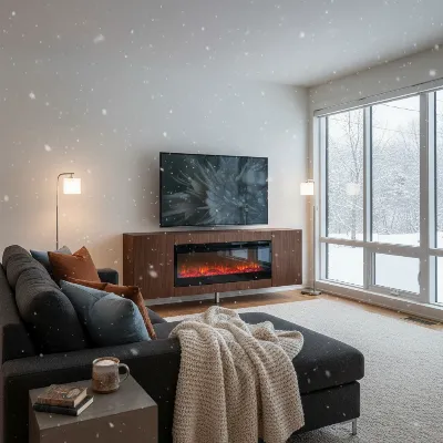 A cozy living room with a fireplace TV stand, perfect for winter warmth and entertainment
