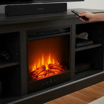 Detail shot highlighting key features of a fireplace TV stand, including storage, remote, and realistic flame effects