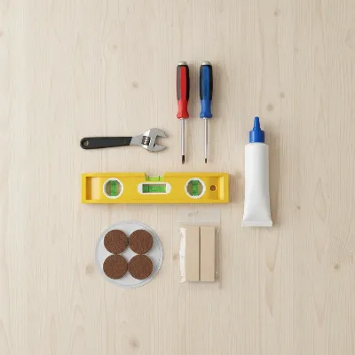 Various tools for fixing a wobbly TV stand including screwdrivers, a level, wood glue, and shims.