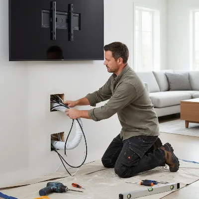 A DIYer installing an in-wall cable management kit behind a wall-mounted TV, showing neatly channeled wires through the wall for a clean, hidden look. 