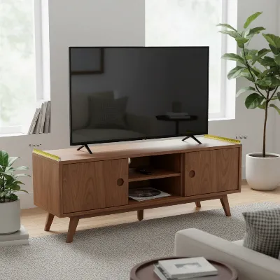 Mid-Century Modern TV stand with a television on top, showcasing proper sizing guidelines