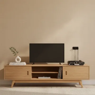 Mid-Century Modern TV stand with styled accessories and hidden cables