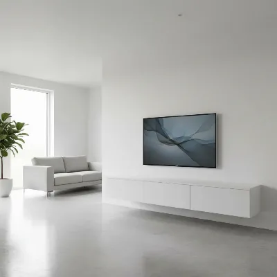 A modern minimalist living room featuring a sleek, white floating TV stand with subtle storage compartments.