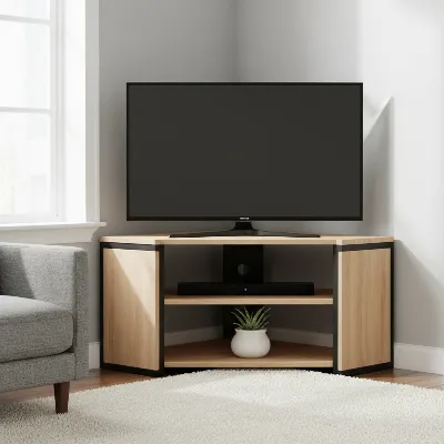 A sleek, modern corner TV stand in a small, well-lit apartment living room.