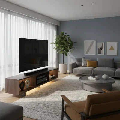 A stylish modern living room featuring a sleek TV stand with a 65-inch TV mounted above it, subtle LED lighting, organized media devices, and decorative elements.