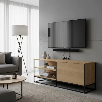 A stylish modern TV stand with ample storage, integrated cable management, and a mix of wood and metal elements