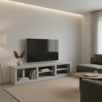 Beautifully painted TV stand in a modern living room setting