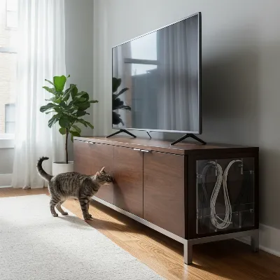 A modern pet-friendly TV stand with closed cabinets and cable management keeping wires hidden from a curious cat.