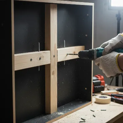 A person installing a wooden crossbar to reinforce the back of a wobbly TV stand.