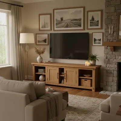 Inviting rustic solid oak TV stand with open shelving and closed storage.