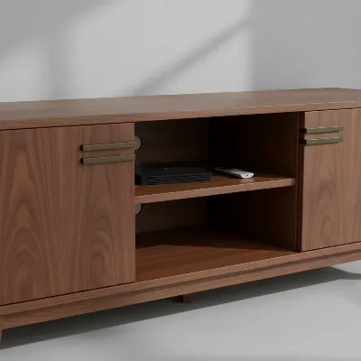 Close-up of the Seno Walnut TV Stand's storage compartments and cable management