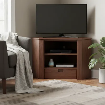 A compact corner media console in a small apartment, showcasing organized media devices and stylish decor.