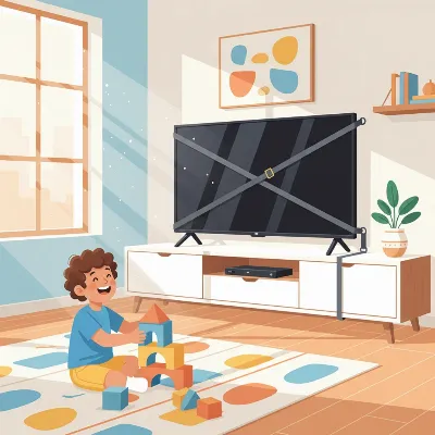 Illustration of a heavy TV secured to a stand and wall with anti-tip straps, showing children playing safely nearby