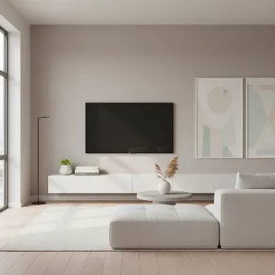 A sleek modern TV stand decorated with a small potted green plant and a stack of books, emphasizing clean lines and natural elements.