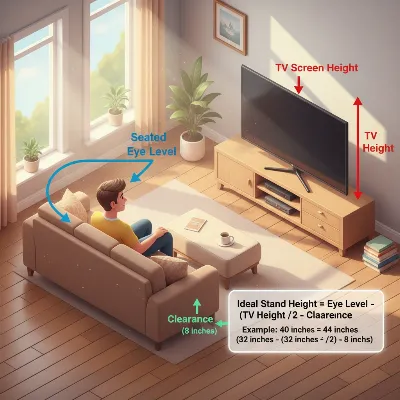 An illustration demonstrating how to calculate optimal TV stand height based on seated eye level and TV screen dimensions.