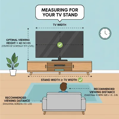 TV stand size guide illustrating how to measure for width, height, and TV placement in a modern living room