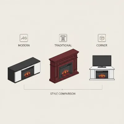 An illustrative graphic showcasing different styles of fireplace TV stands: modern, traditional, and corner units