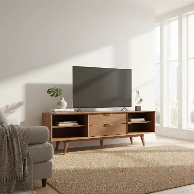 West Elm Mid-Century TV Stand in a stylish living room with tapered legs and warm wood tones