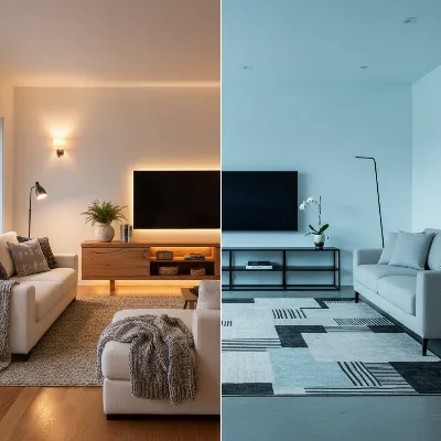 A sleek modern living room contrasting a warm wooden TV stand with a minimalist metal TV stand